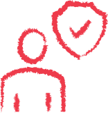 Red outline of a person with a checkmark and the words psychological safety.