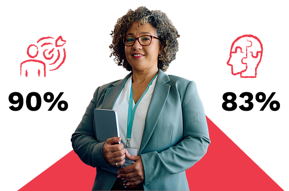 Colleague standing holding a laptop, conveying good leadership skills with the numbers 90% and 83% next to her.