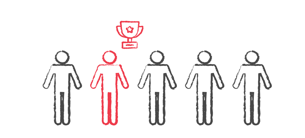 Graphic of five people, only one of whom stands out in red with a trophy above them.